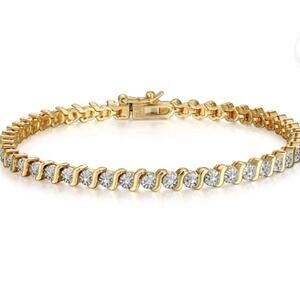 18k Gold Plated Vermeil Tennis Bracelet Genuine Diamond Accent New Box S Link